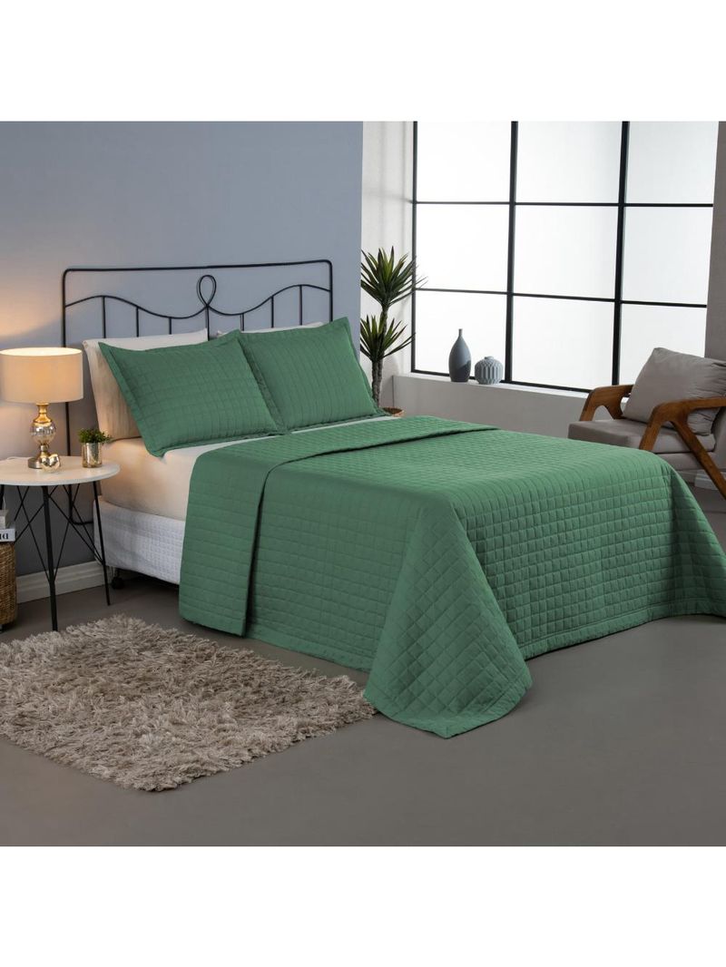 Kit cobre leito colcha bellini queen dupla face percal 300 fios textura matelassê 3 peças - verde