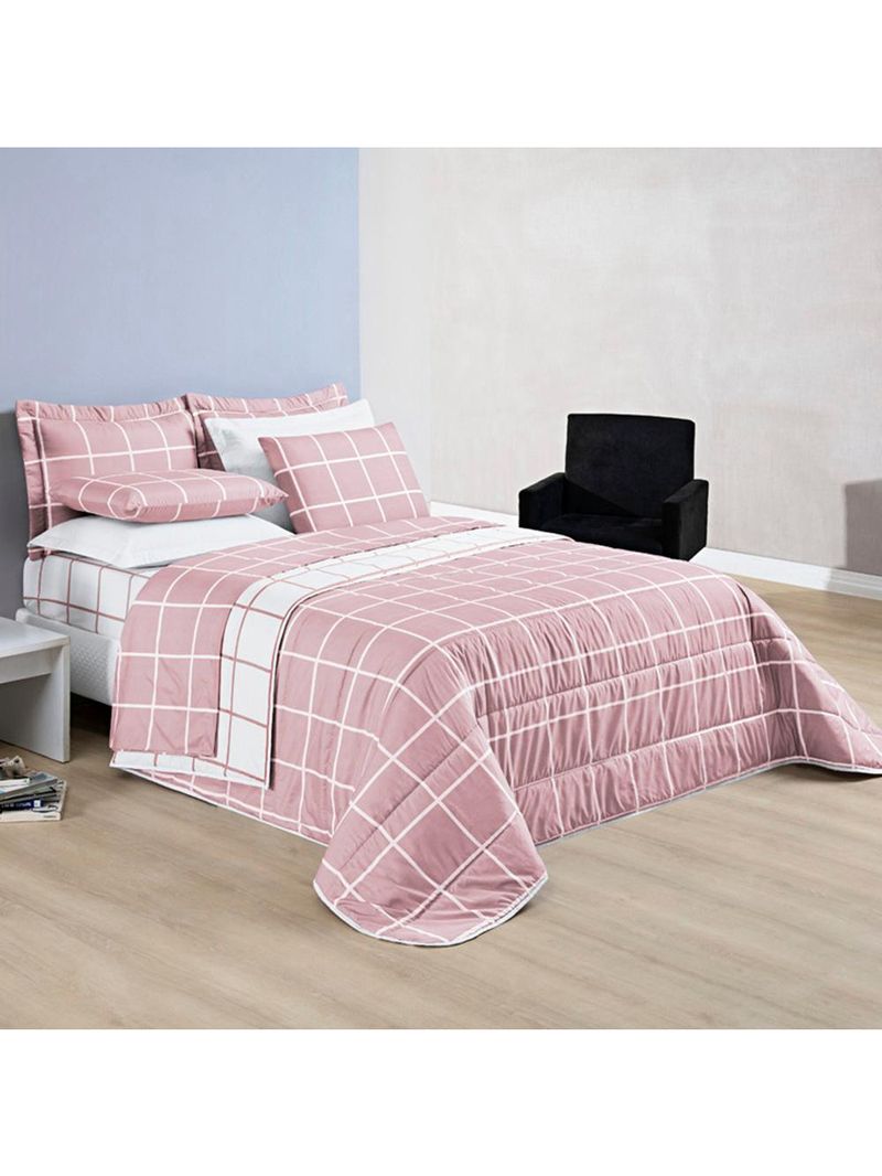 Kit cobre leito colcha brooklyn queen quadriculado micropercal 200 fios 3 peças - rosa