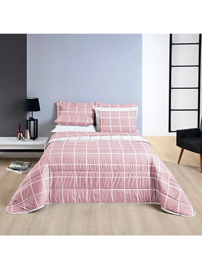 Kit cobre leito colcha brooklyn queen quadriculado micropercal 200 fios 3 peças - rosa