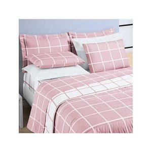Kit cobre leito colcha brooklyn queen quadriculado micropercal 200 fios 3 peças - rosa