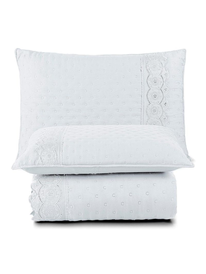 Kit cobre leito colcha bouclê casal padrão laise bordada micropercal 200 fios 3 peças - branco neve