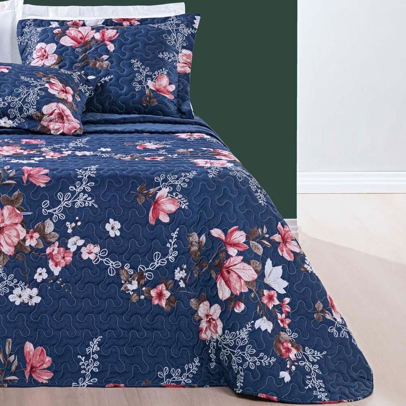 Kit cobre leito colcha celi king dupla face micropercal 200 fios 3 peças - azul marinho floral