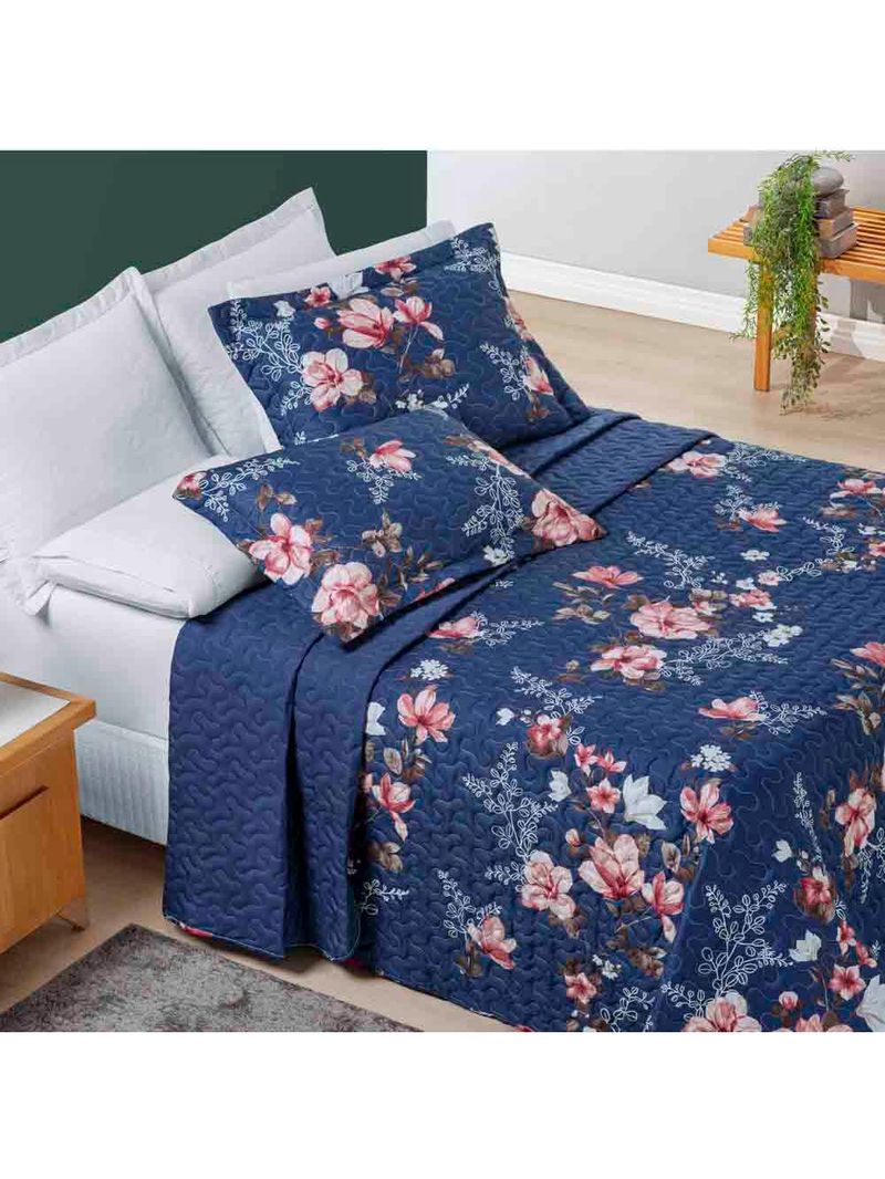 Kit cobre leito colcha celi king dupla face micropercal 200 fios 3 peças - azul marinho floral