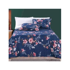 Kit cobre leito colcha celi king dupla face micropercal 200 fios 3 peças - azul marinho floral