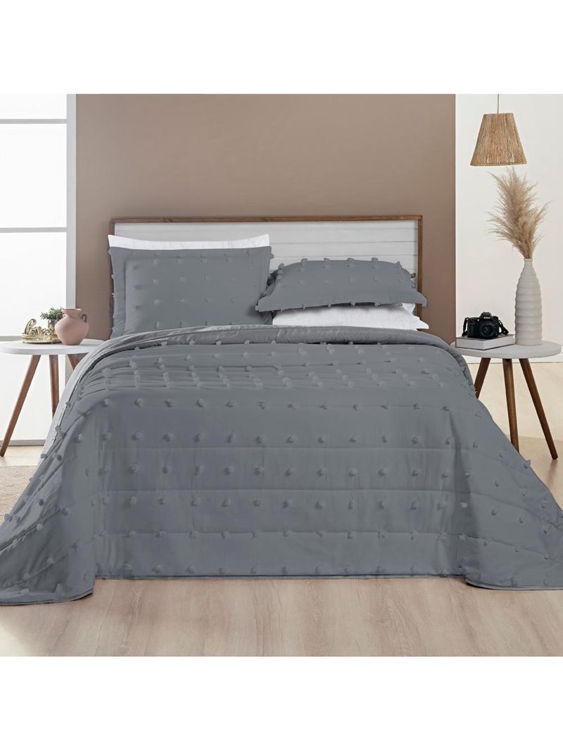 Kit cobre leito colcha alexa pompom casal padrão dupla face micropercal 3 peças - cinza