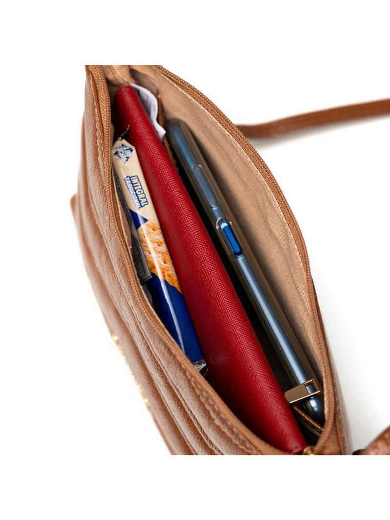 Bolsa transversal feminina de couro zig zag matelasse pequena caramelo