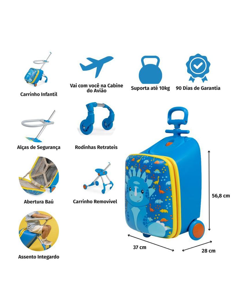 Mala de bordo 10 kg pets for kids dino azul