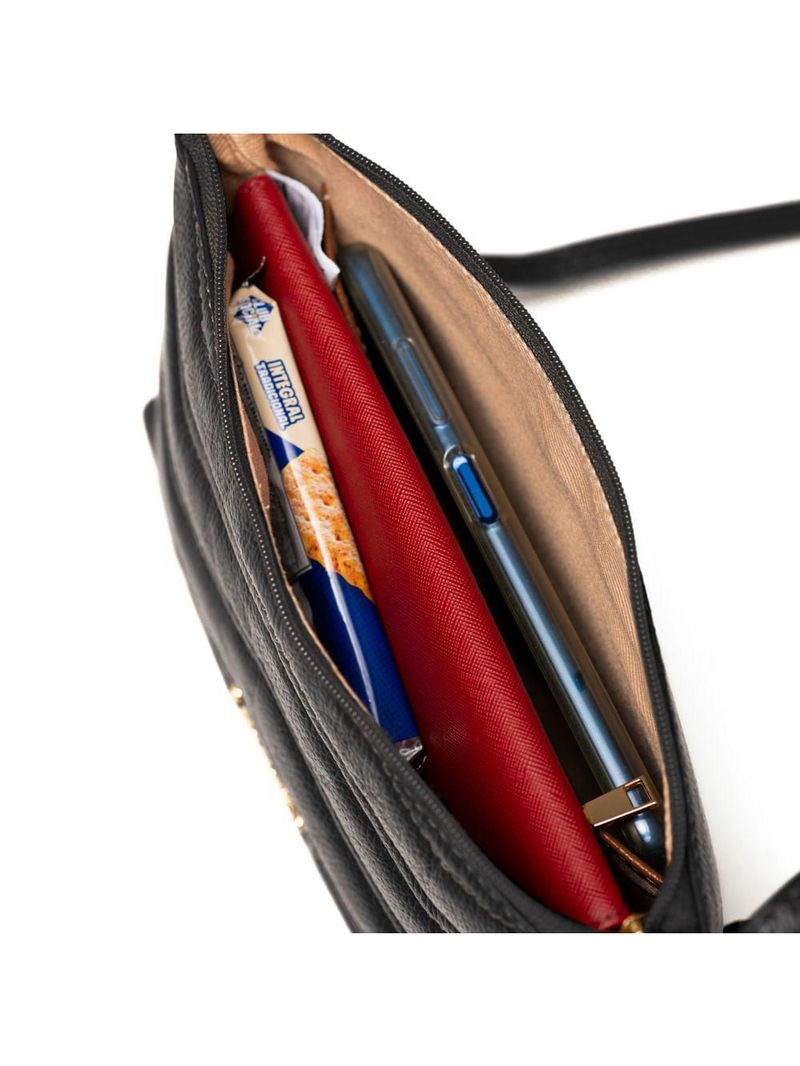 Bolsa transversal feminina de couro zig zag matelasse pequena preta