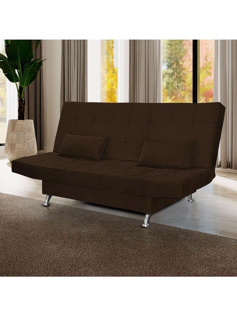 Sofá Cama Casal Com Almofadas Bettina Suede Marrom Escuro