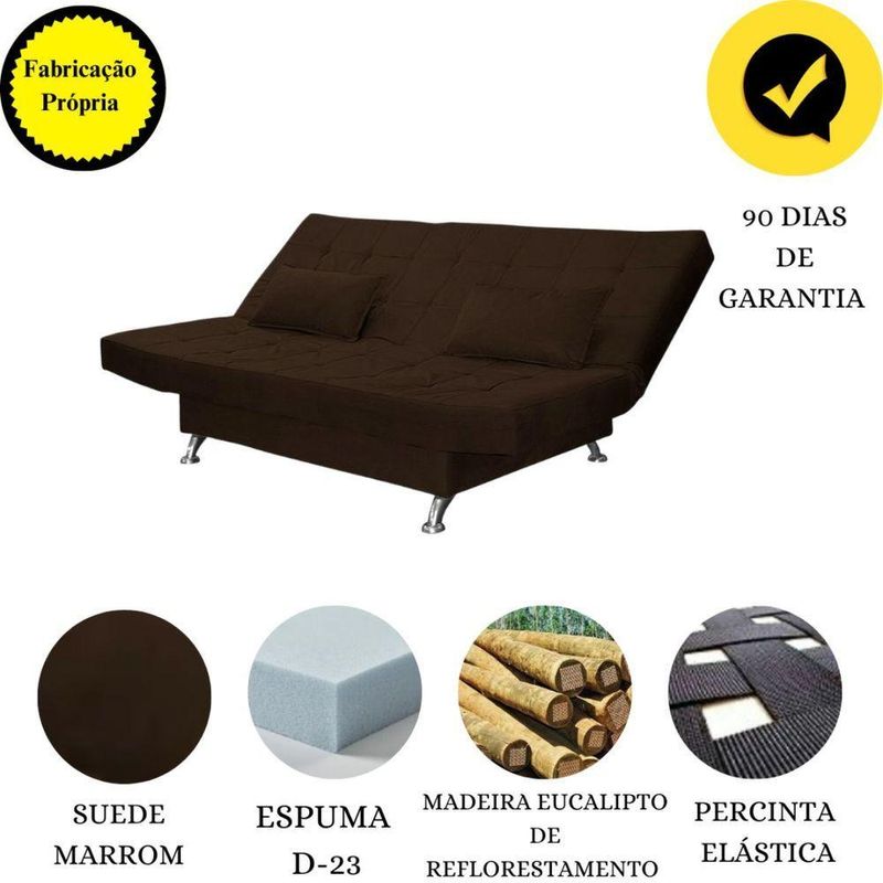 Sofá Cama Casal Com Almofadas Bettina Suede Marrom Escuro