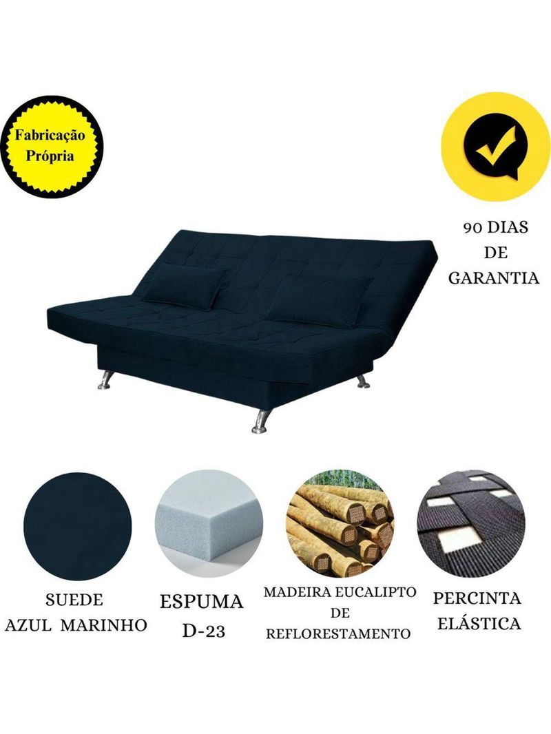 Sofá Cama Casal Com Almofadas Bettina Suede Azul Marinho