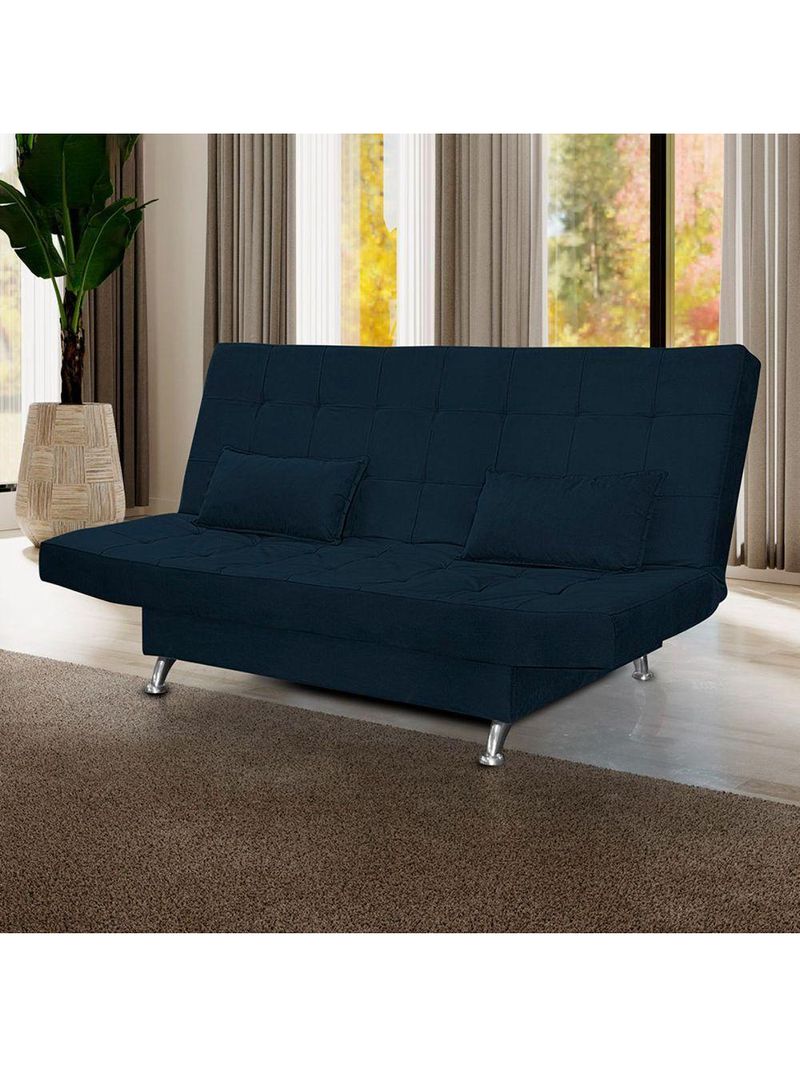 Sofá Cama Casal Com Almofadas Bettina Suede Azul Marinho