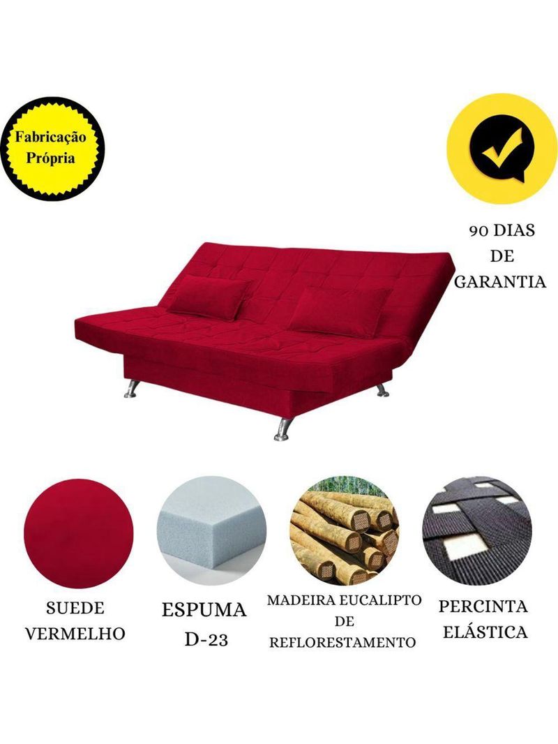 Sofá Cama Casal Com Almofadas Bettina Suede Vermelho