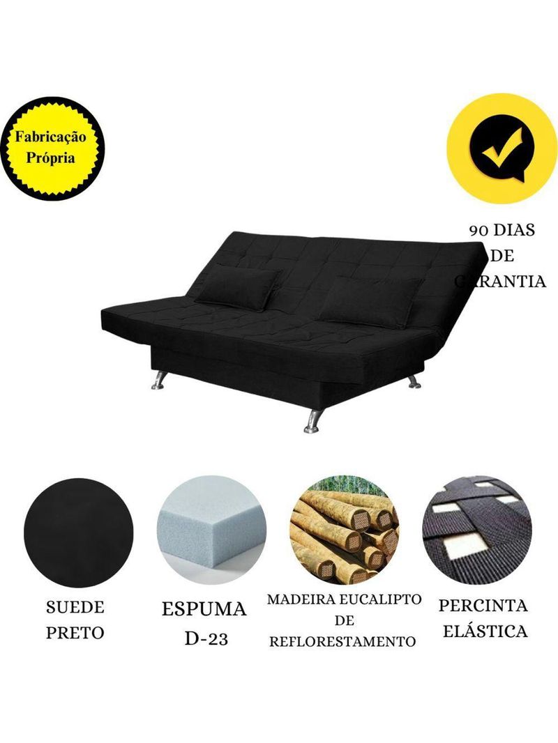 Sofá Cama Casal 3 Lugares Com Almofadas Bettina Suede Preto