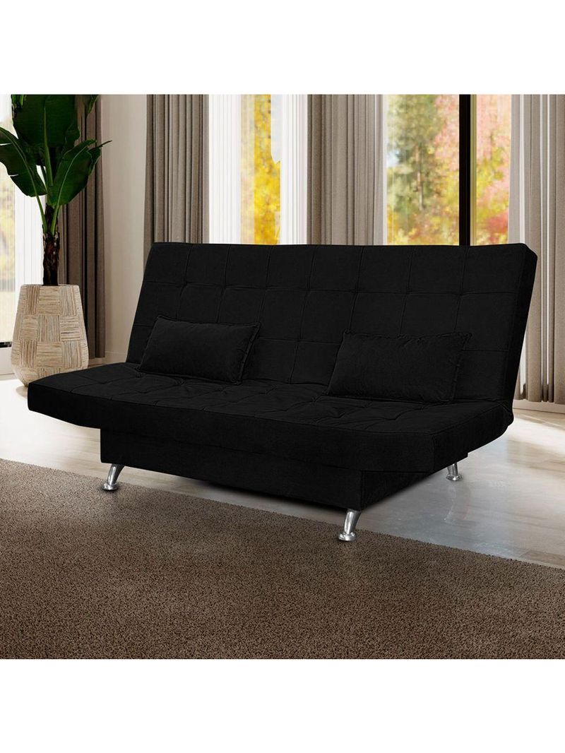 Sofá Cama Casal 3 Lugares Com Almofadas Bettina Suede Preto