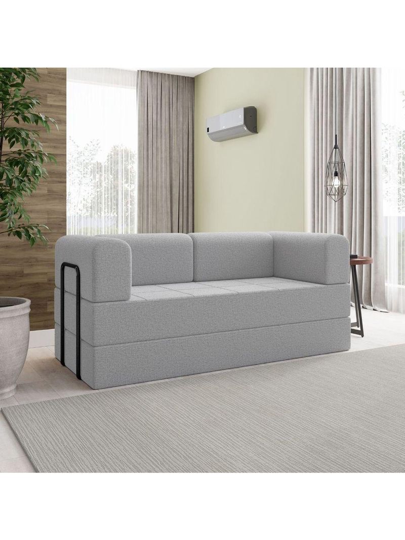 Sofá Na Caixa Modular 2 Lugares Linho Bege Olívia Para Sala Cinza