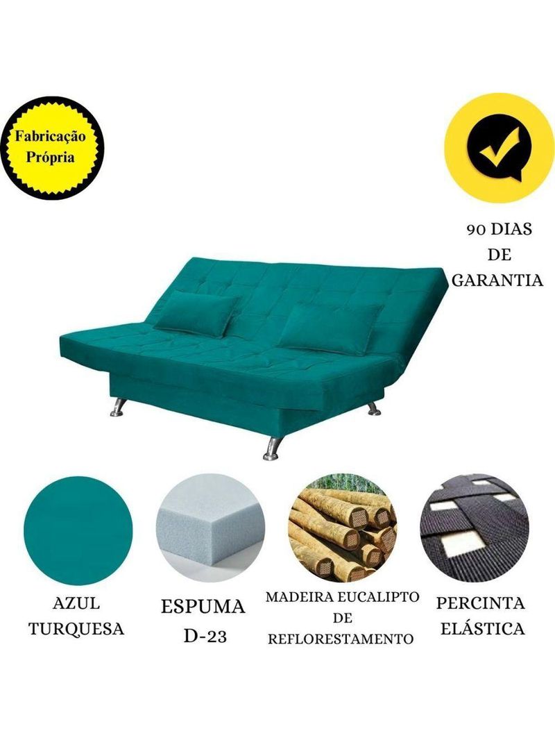 Sofá Cama Casal Com Almofadas Rivera Suede Azul Turquesa