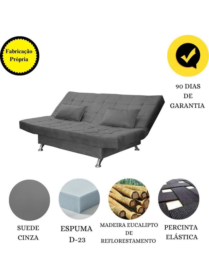 Sofá Cama Casal Com Almofadas Rivera Suede Cinza