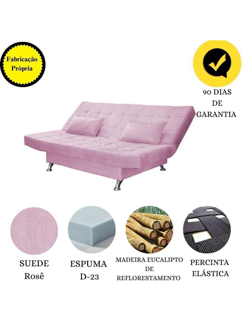 Sofá Cama Casal Com Almofadas 3 Lugares Bettina Suede Rosê