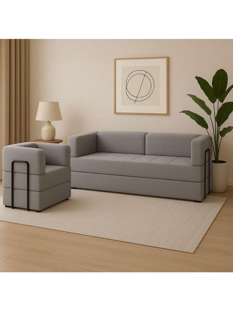 Kit Sofá E Poltrona Na Caixa Modular Vitória Para A Sala Cinza