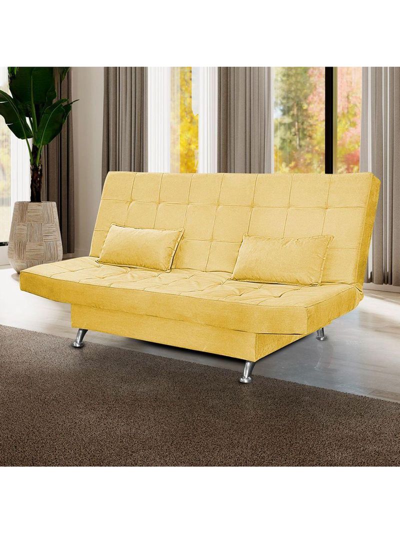 Sofá Cama Casal 3 Lugares Com Almofadas Bettina Suede Amarelo