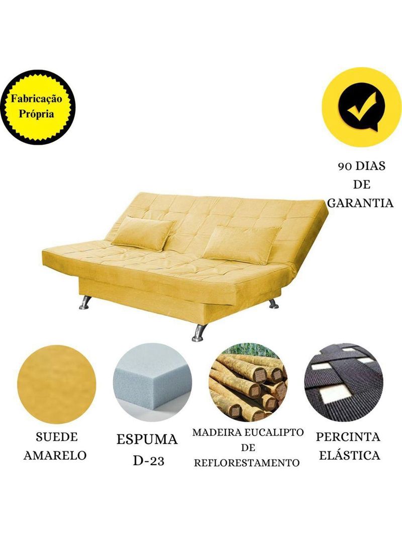 Sofá Cama Casal 3 Lugares Com Almofadas Bettina Suede Amarelo