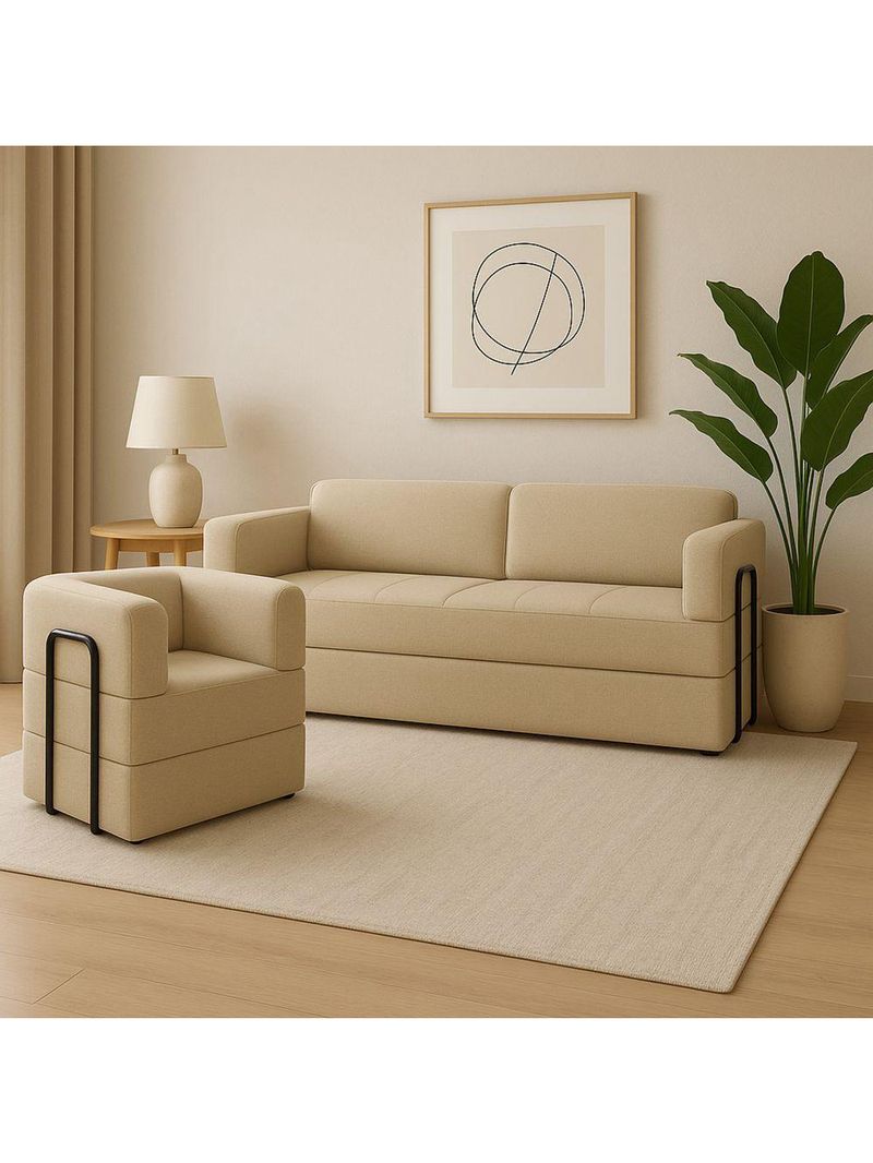 Kit Sofá E Poltrona Na Caixa Modular Jade Para A Sala Bege