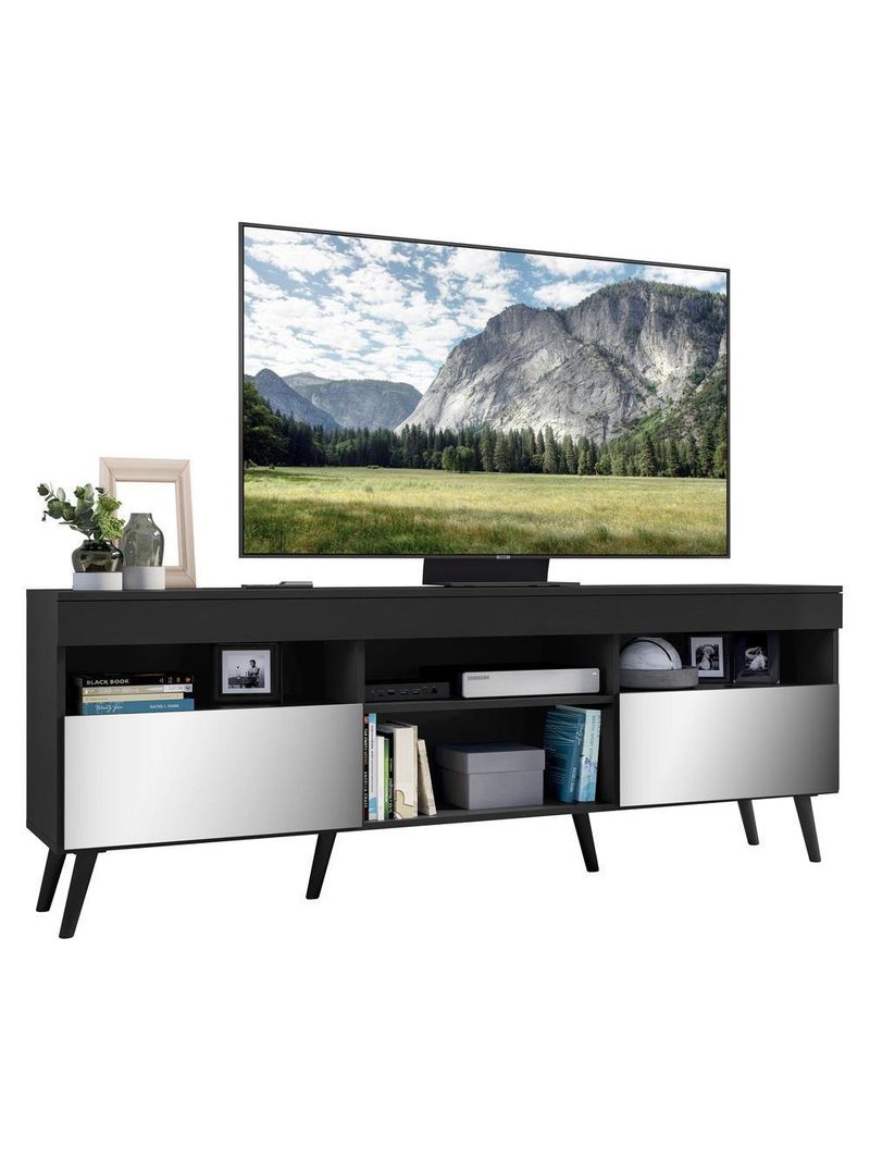 Rack Retrô Com Espelho Para Até 65´´ Com 2 Portas Preto