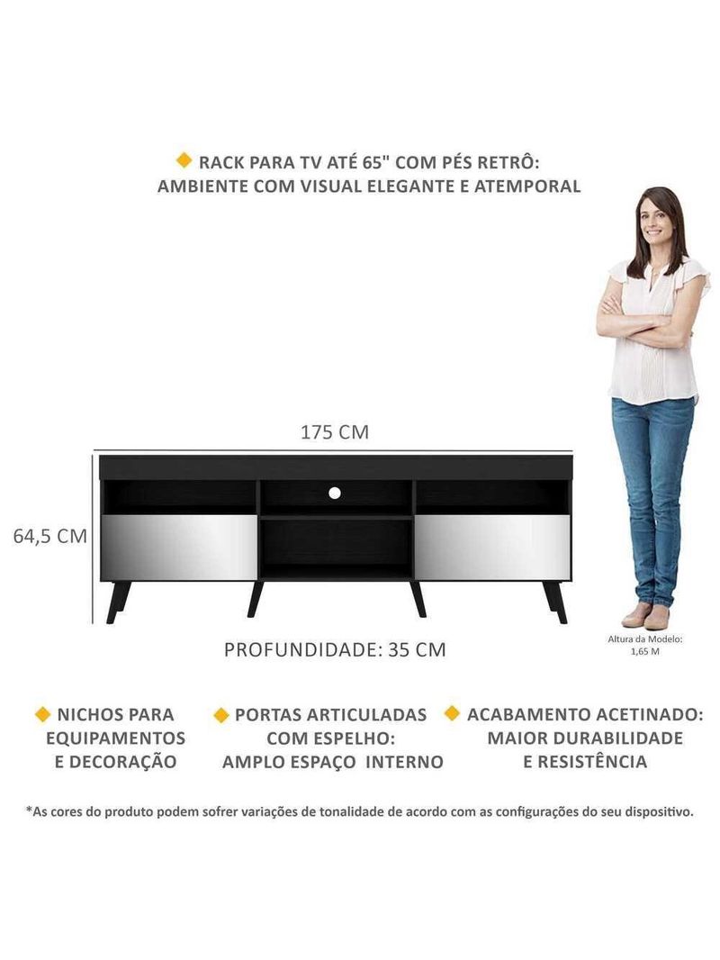 Rack Retrô Com Espelho Para Até 65´´ Com 2 Portas Preto