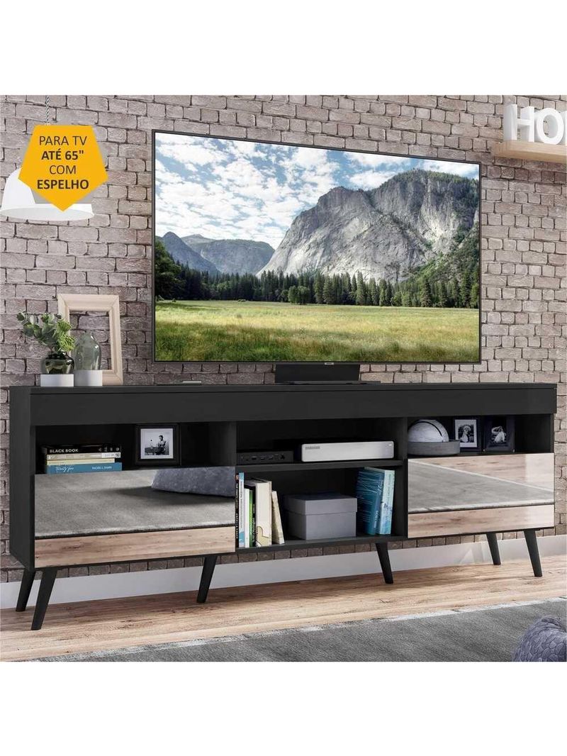 Rack Retrô Com Espelho Para Até 65´´ Com 2 Portas Preto