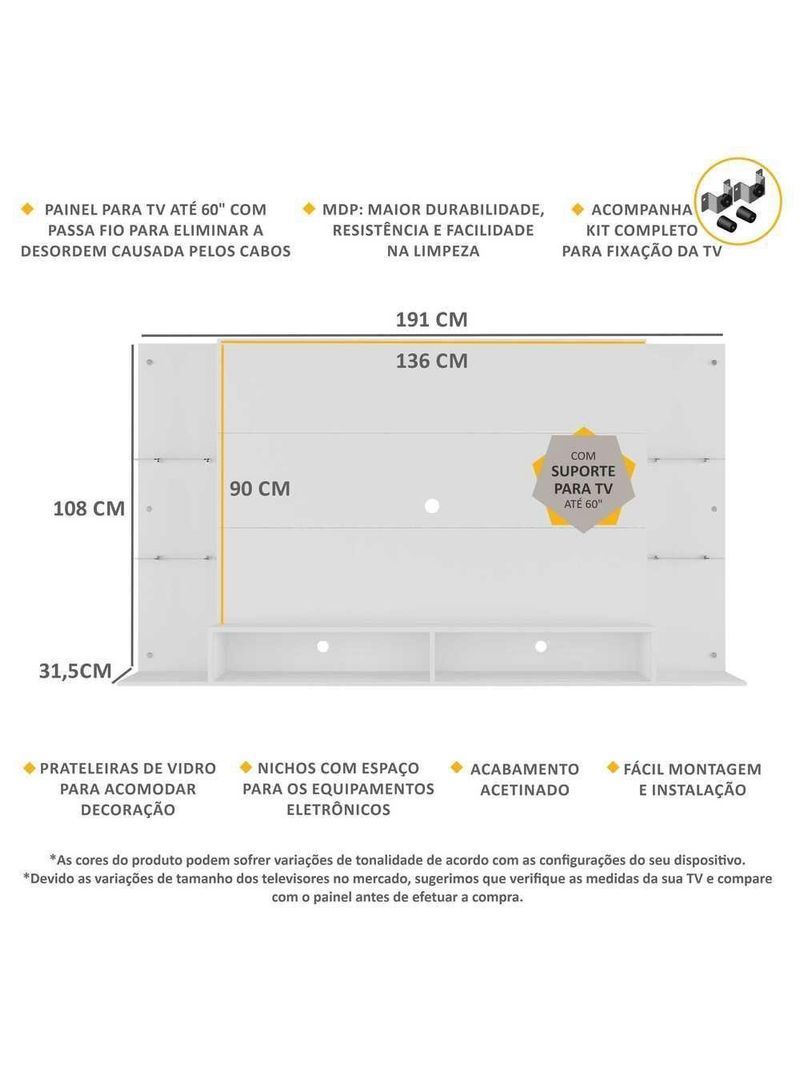 Painel 60" Prateleiras De Vidro Br3071 Branco