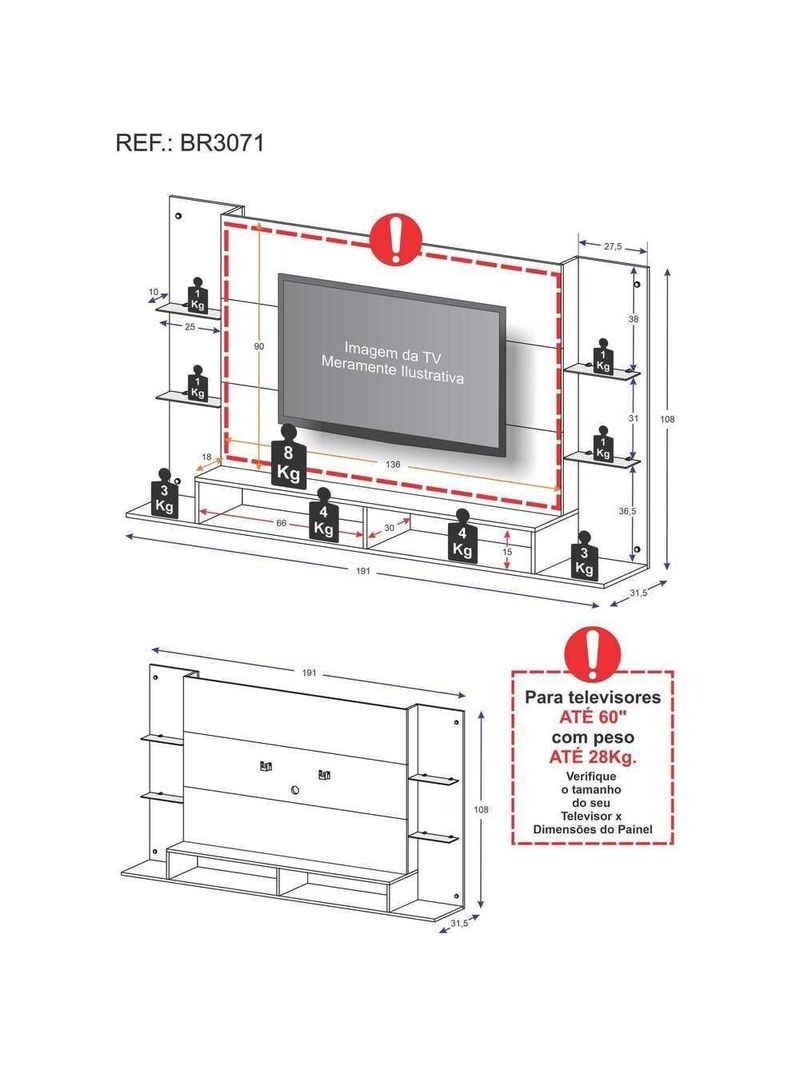 Painel 60" Prateleiras De Vidro Br3071 Branco