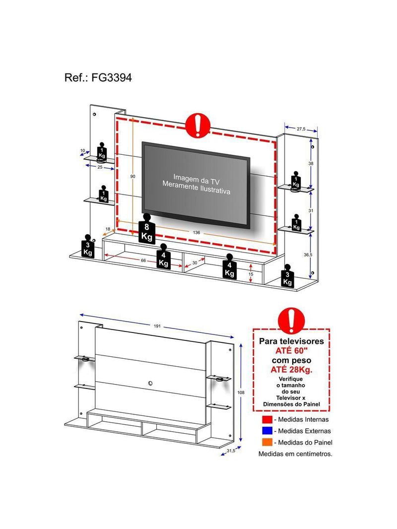 Painel Com 2 Leds Para Até 60´´ Vegas Fg3394 Branco