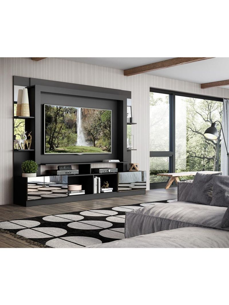 Rack Estante com Painel 65 e Espelho Oslo Preto tenerife