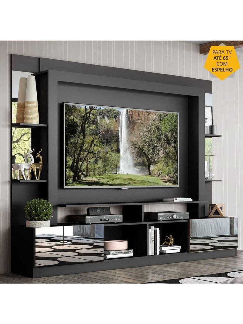 Rack Estante com Painel 65 e Espelho Oslo Preto tenerife