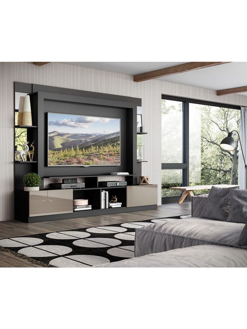 Rack C/ Painel Suporte 65´´ C/ Espelho Preto/Laca Fumê