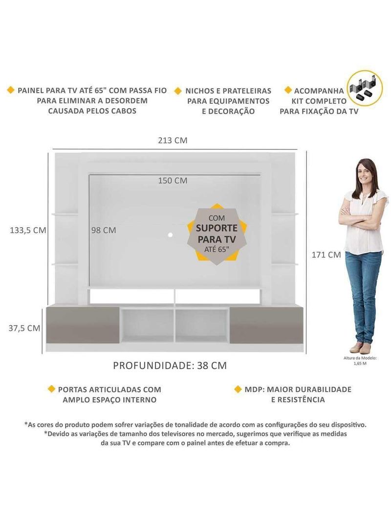 Rack Estante + Painel 65" Br3386 Branco/lacca Fumê
