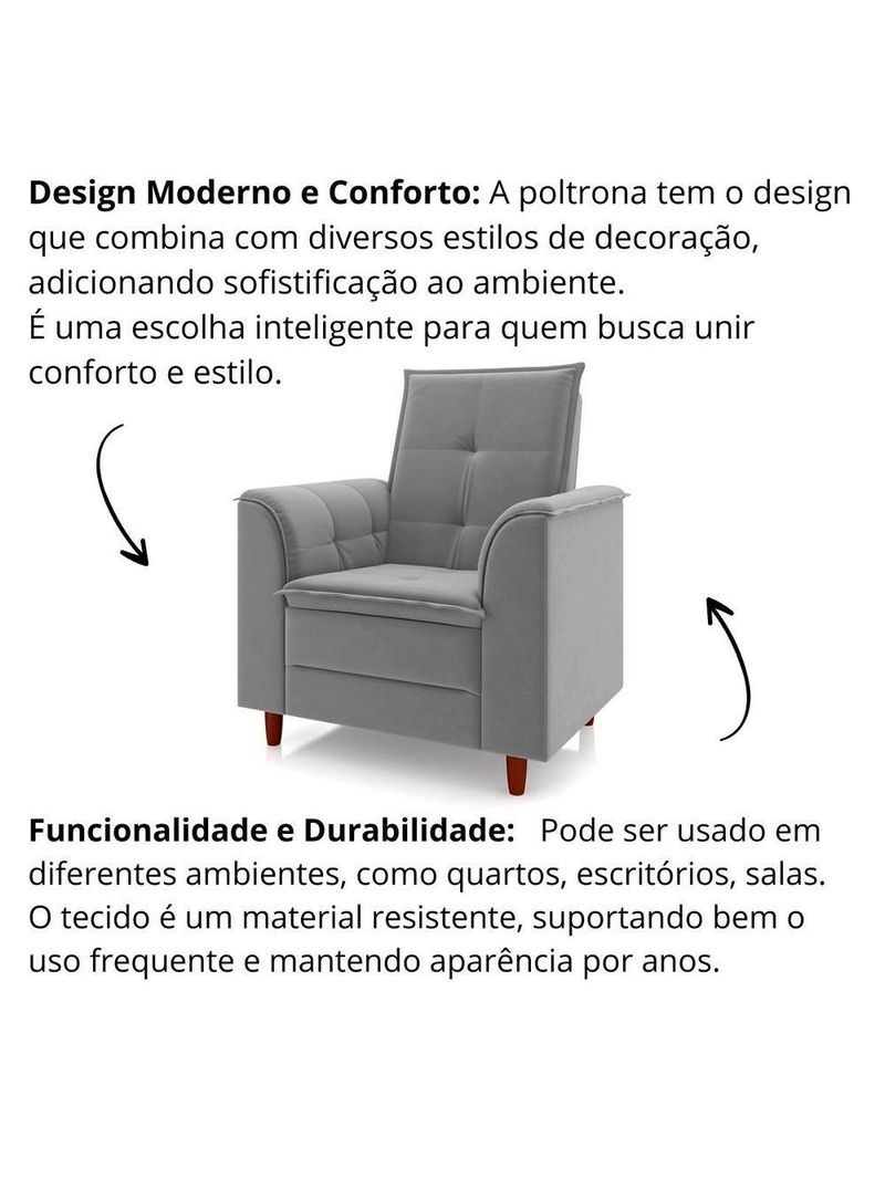 Poltrona Decorativa Estofada Confortável Sala Miley Veludo Cinza