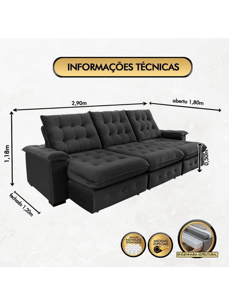 Sofá Coliseu 290m Retrátil E Reclinável Super Pillow Preto