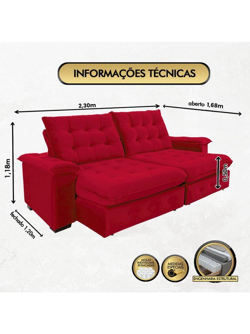 Sofá 3 Lugares Coliseu 230m Retrátil E Reclinável Super Pillow - Vermelho