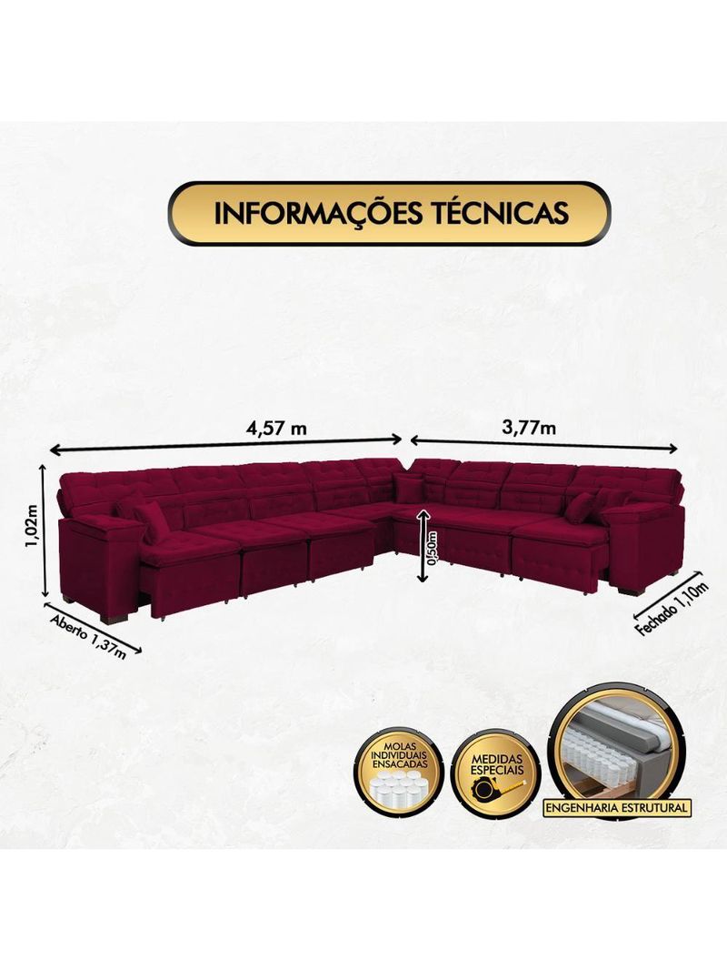 Sofá Magno 457x377m De Canto, Retrátil E Reclinável Vinho