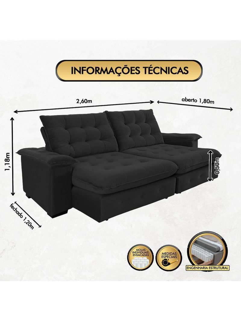 Sofá Coliseu 260m Retrátil E Reclinável Super Pillow Preto