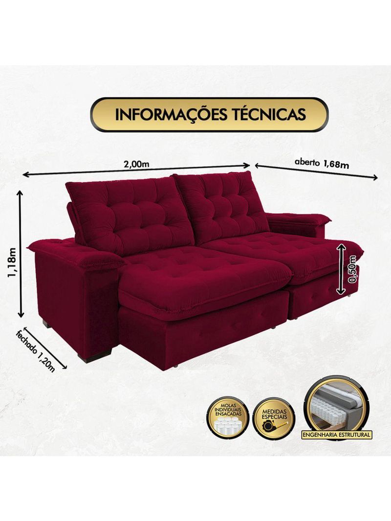 Sofá 3 Lugares Coliseu 200m Retrátil E Reclinável Super Pillow - Vinho