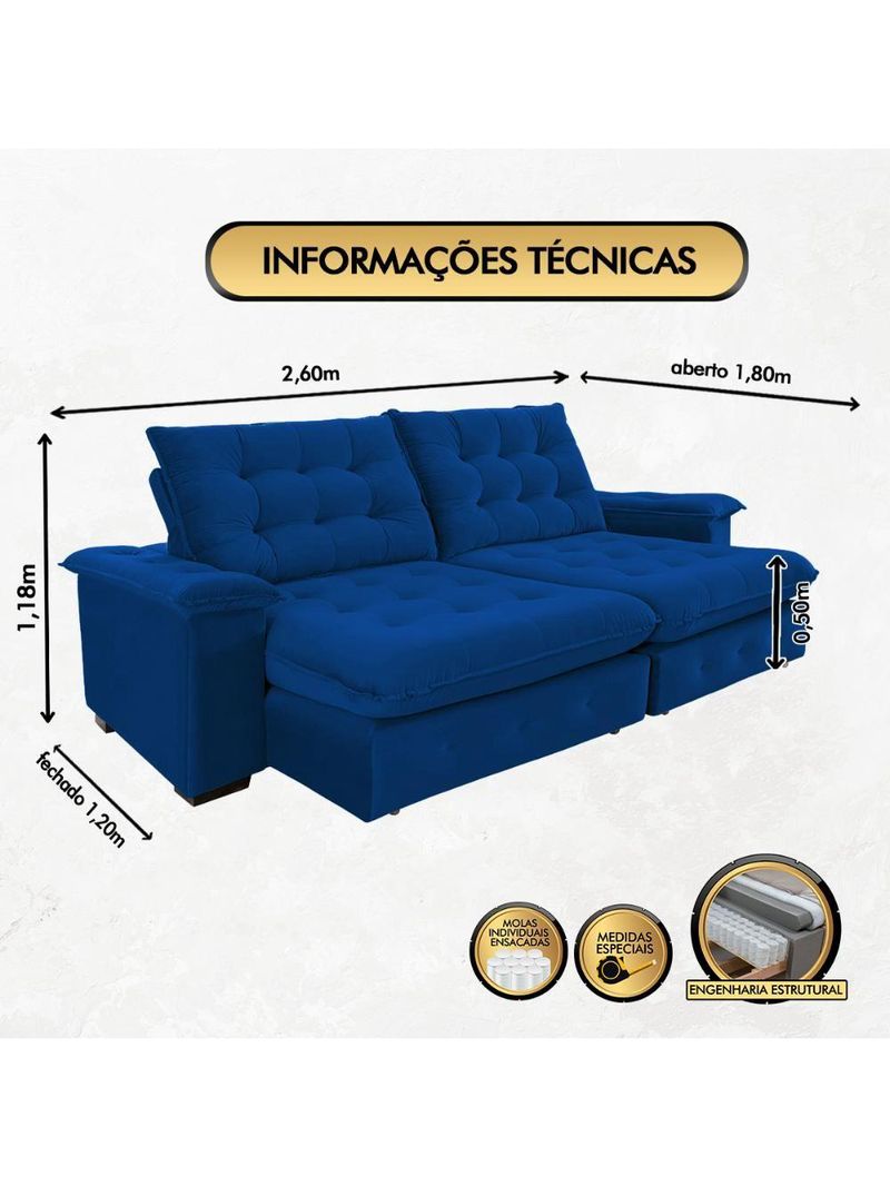 Sofá Coliseu 260m Retrátil E Reclinável Super Pillow Azul