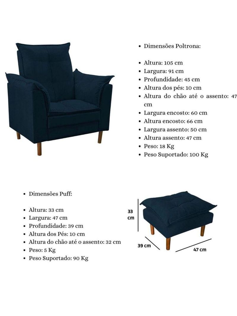 Poltrona De Amamentação Com Puff Quarto De Bebê Bia Suede Cor:azul Marinho