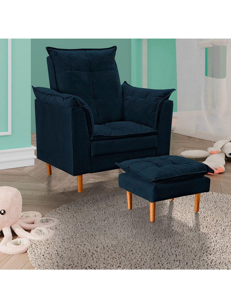 Poltrona De Amamentação Com Puff Quarto De Bebê Bia Suede Cor:azul Marinho