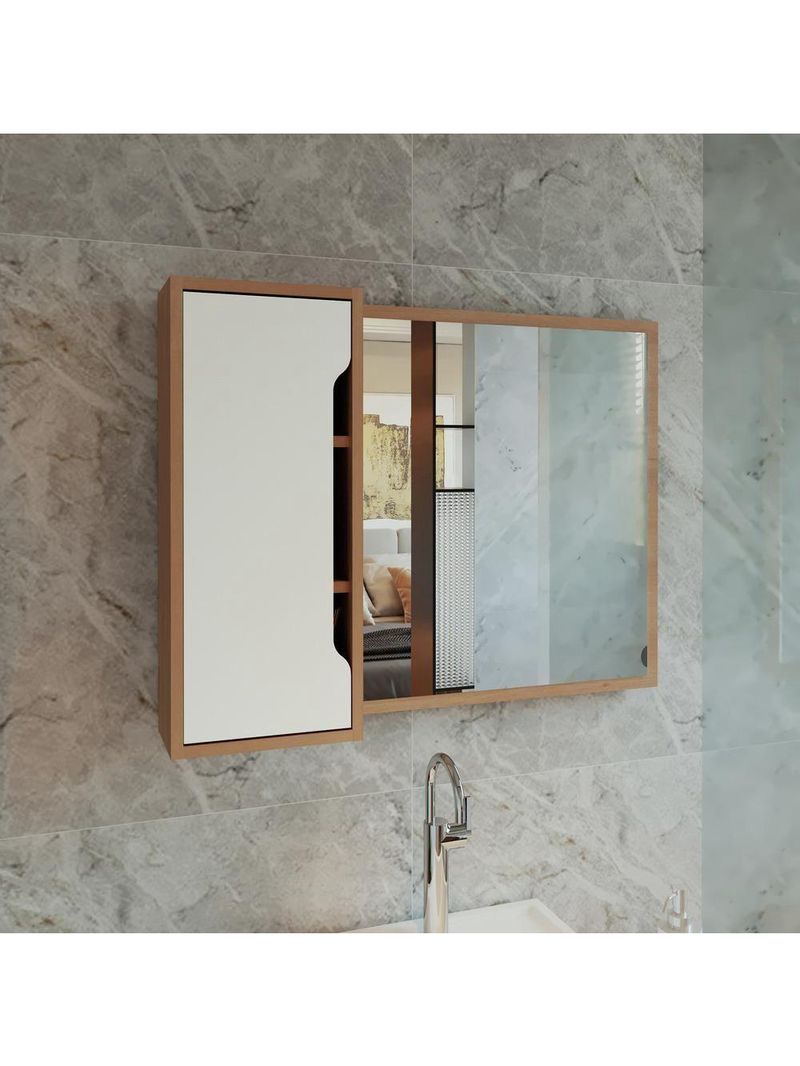 Espelheira Banheiro 80cm 1 Porta Cr10116 Amêndoa-branco