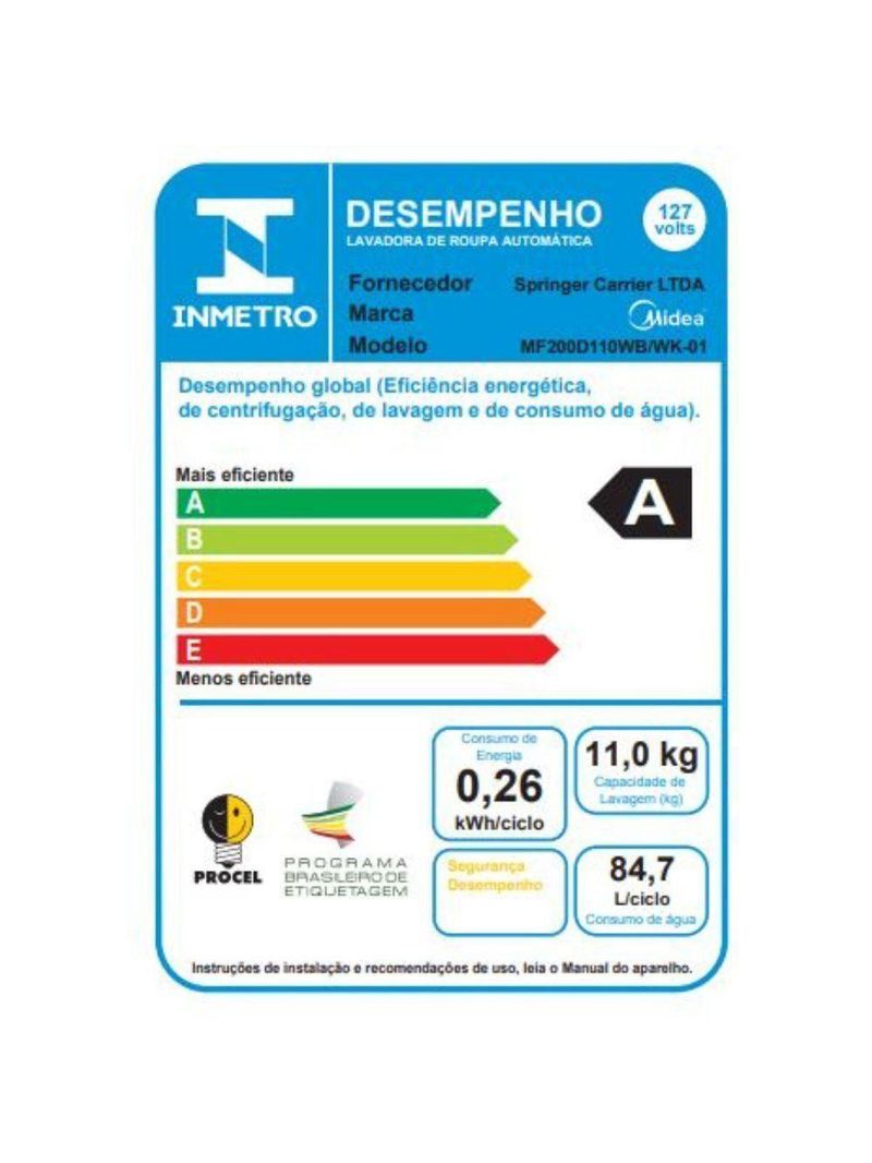 Lava E Seca Midea 11kg MF201 Slim Healthguard Inverter Branca 110V