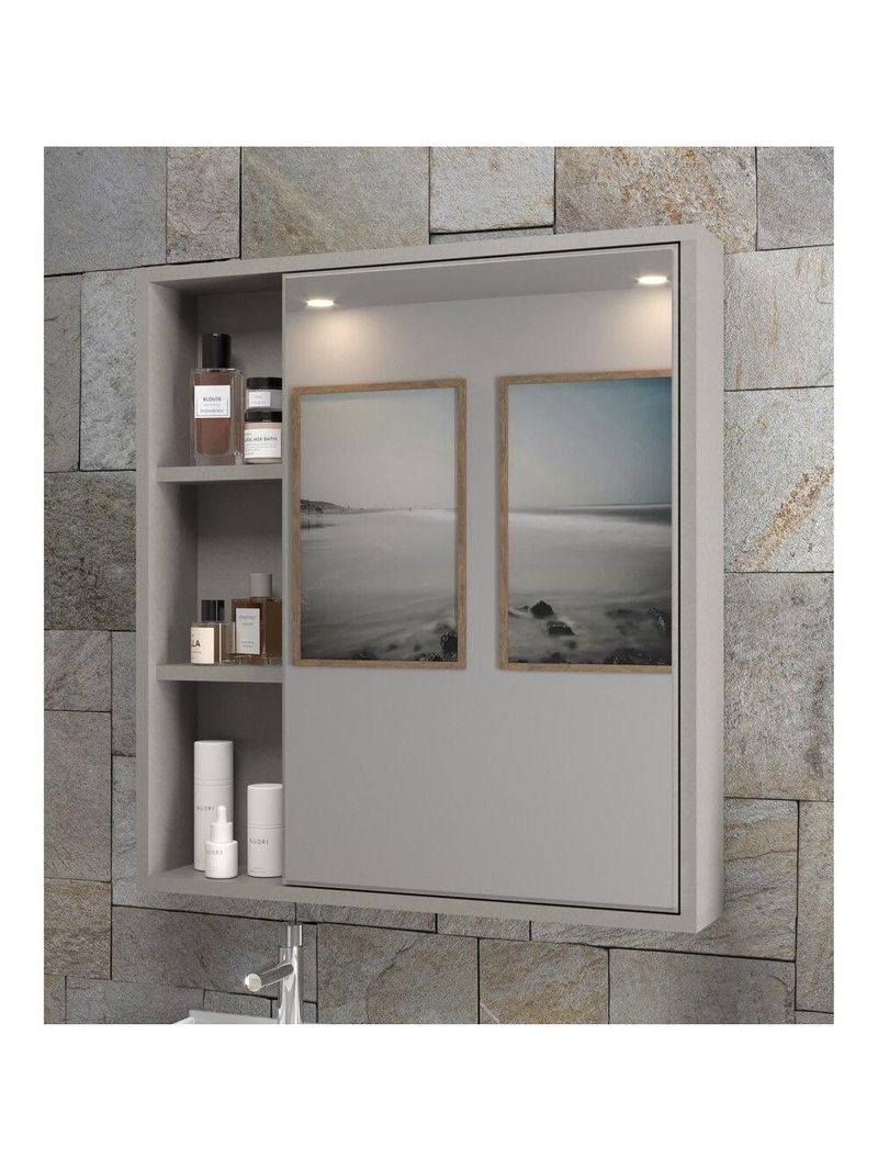 Espelheira Para Banheiro 60cm Com Nichos Multimóveis Cr10112 Cimento Cimento