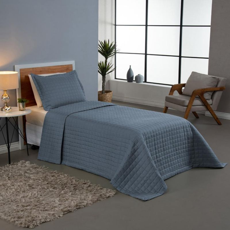 Kit cobre leito colcha bellini solteiro dupla face percal 300 fios textura matelassê 2 peças - azul